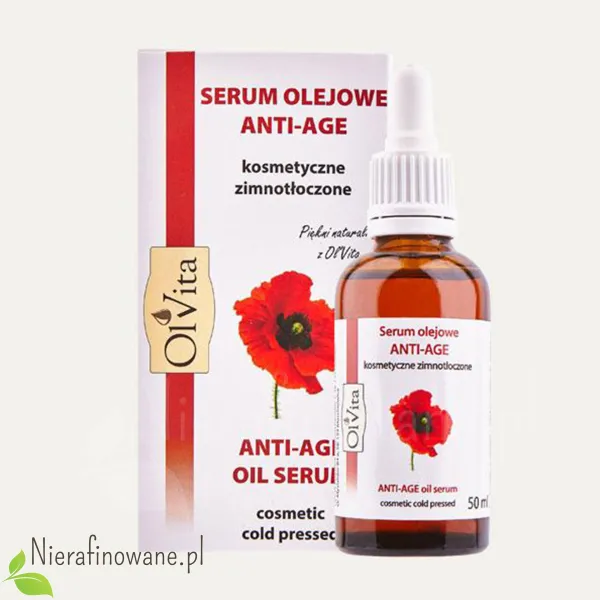 Serum olejowe anti-age - mix olejów nierafinowanych w szklanej butelce z pipetą.