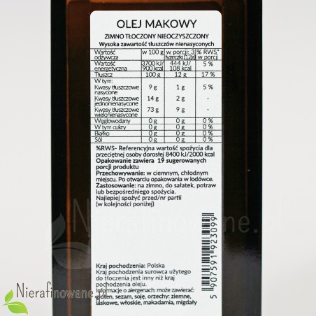 Olej Makowy zimnotłoczony, nieoczyszczony Ol'Vita 250 ml - etykieta, skład