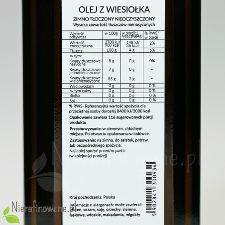 Olej z Wiesiołka zimnotłoczony, nieoczyszczony Ol'Vita - etykieta, wartości odżywcze