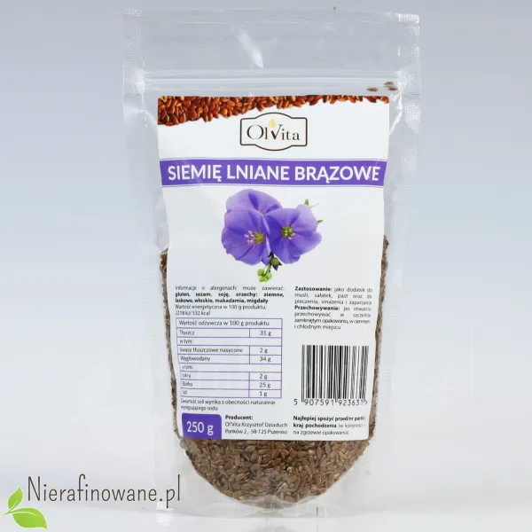 Siemię Lniane Brązowe, niemielone - całe ziarna - Ol'Vita - 250 g