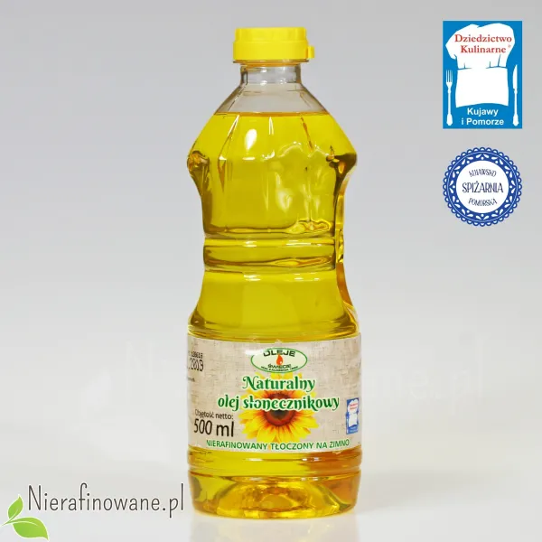 Olej słonecznikowy zimnotłoczony Oleje Świecie - 500 ml, butelka plastikowa Olej słonecznikowy zimnotłoczony Oleje Świecie - 500 ml, butelka plastikowa