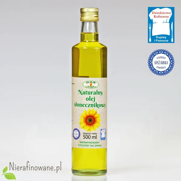 Olej słonecznikowy zimnotłoczony Oleje Świecie - 500 ml, butelka szklana Olej słonecznikowy zimnotłoczony Oleje Świecie - 500 ml, butelka szklana