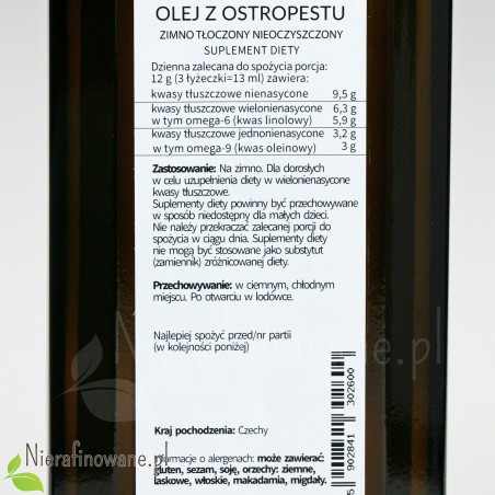 Olej z ostropestu - suplement diety Ol'Vita - etykieta, zalecenia